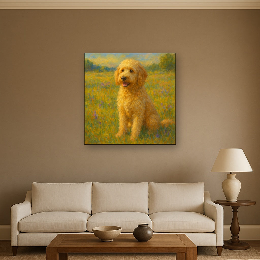 Fluffy Goldendoodle in Sun-Drenched Meadow No. 2 Fine Art Oil Painting - View 2