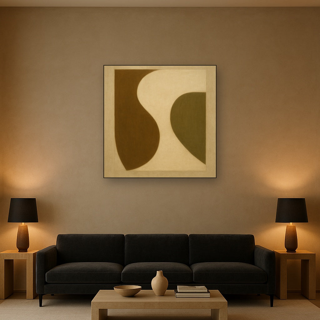 Minimalist Asymmetrical Balance in Raw Umber No. 22 Oil Painting Staged Above Sectional Sofa in Living Room, Hand Painted Canvas Wall Art for Home Decor