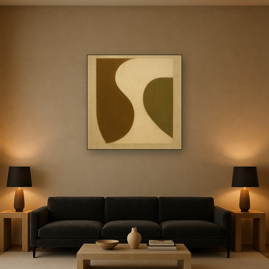 Minimalist Asymmetrical Balance in Raw Umber No. 22 Oil Painting Staged Above Sectional Sofa in Living Room, Hand Painted Canvas Wall Art for Home Decor