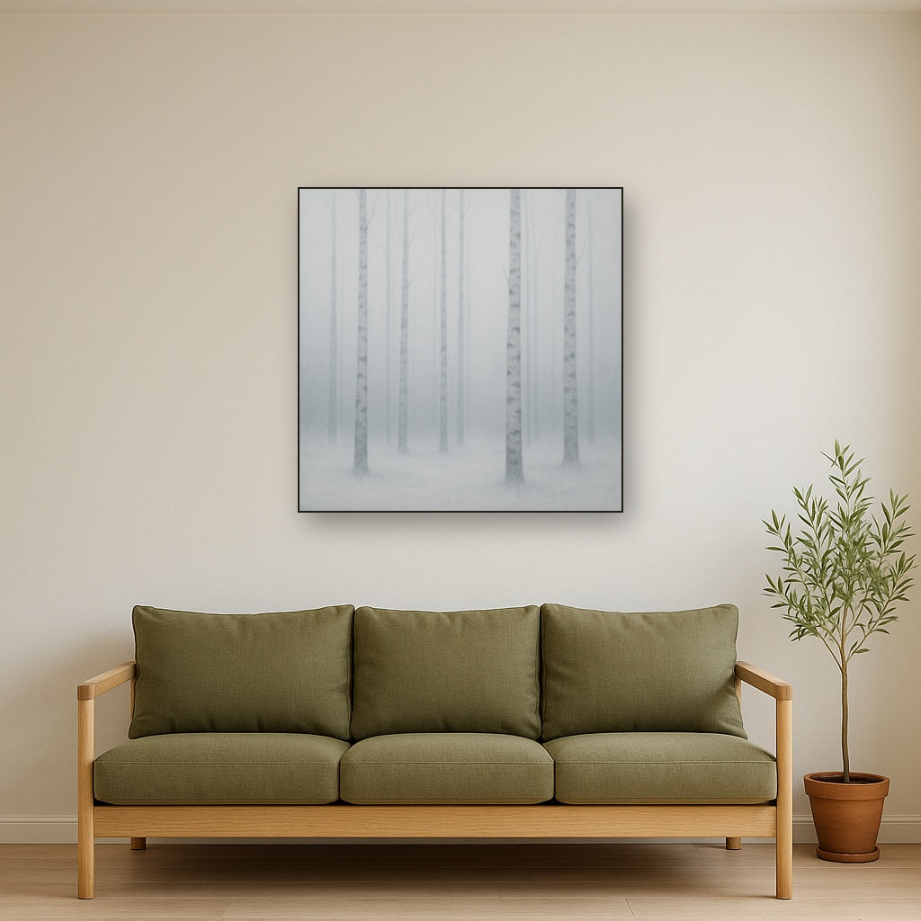 Pale Birch Woodland Silhouette in Whiteout No. 17 Oil Painting - View 2