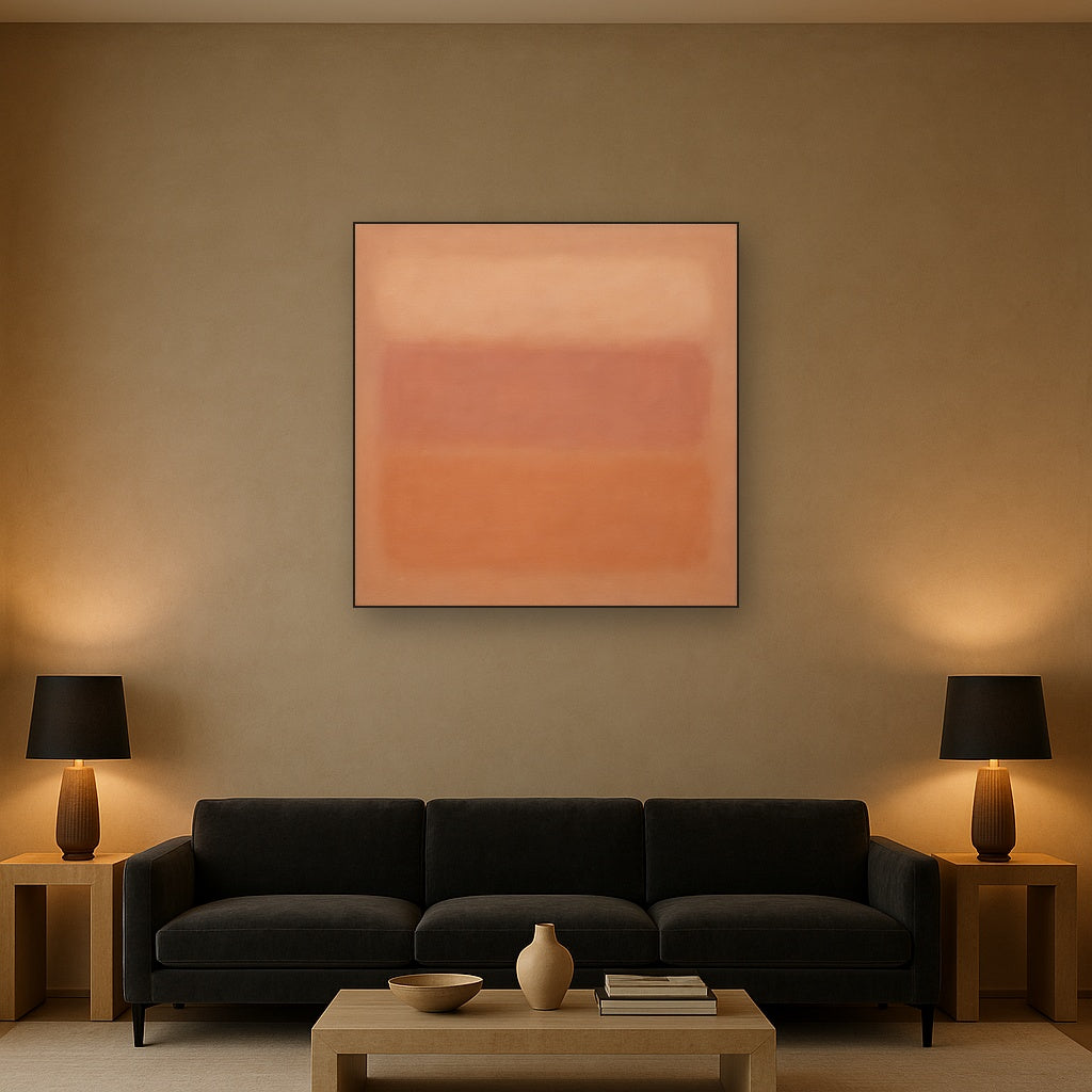 Blush Rose & Dusky Terracotta Ambient Glow No. 16 Oil Painting Staged Above Sectional Sofa in Living Room, Hand Painted Canvas Wall Art for Home Decor
