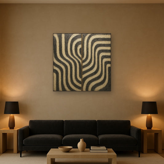 Monochrome Linear Rhythm Diptych No. 2 Oil Painting - Styled in Modern Living Room
