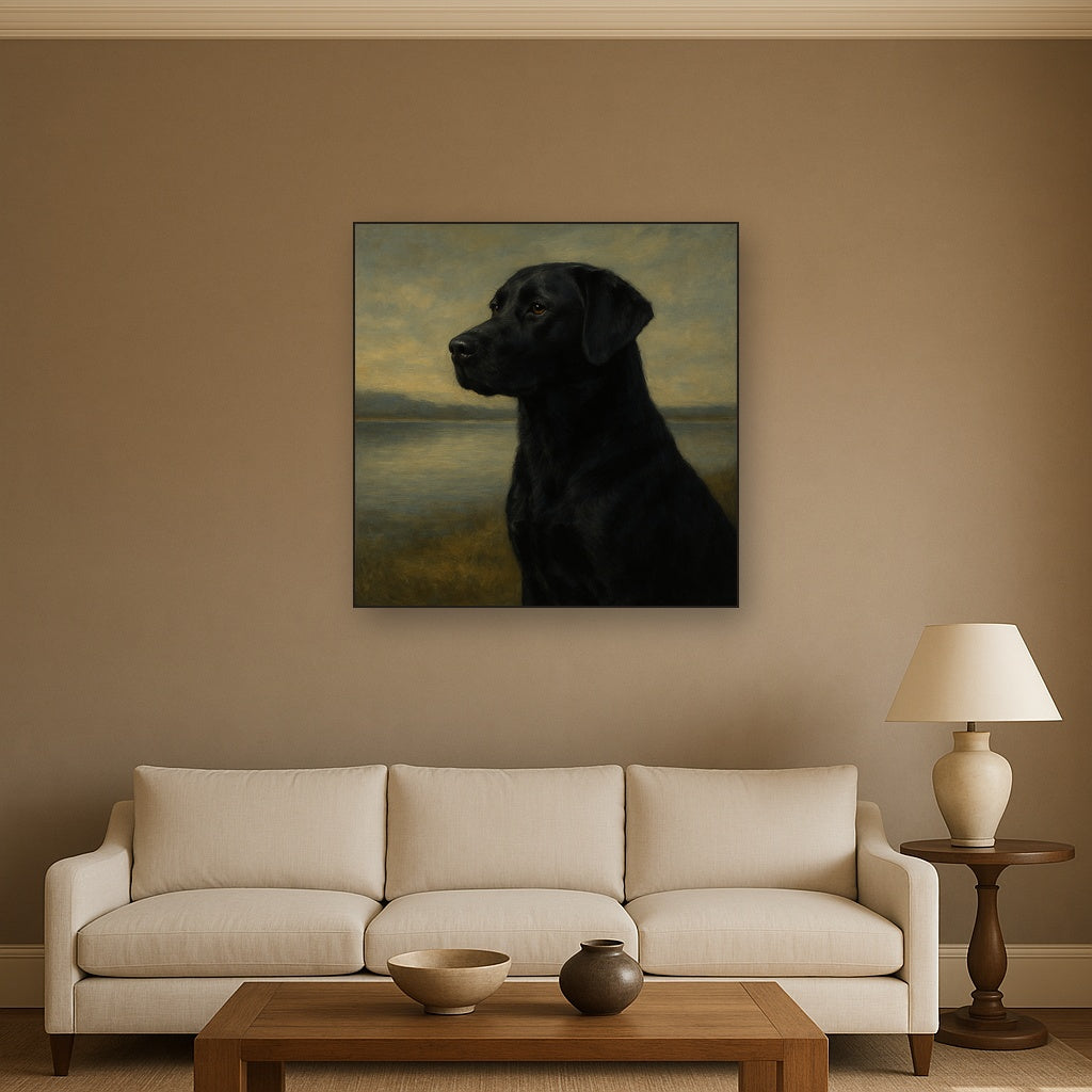 Black Labrador Retriever by Misty Lake Horizon No. 9 Fine Art Oil Painting - View 2