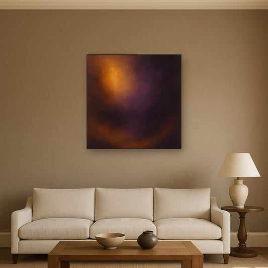 Burnt Amber & Velvet Amethyst Atmosphere No. 11 Oil Painting Staged Above Sectional Sofa in Living Room, Hand Painted Canvas Wall Art for Home Decor