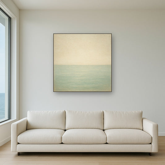 Atmospheric Coastal Horizon Oil Painting - Styled in Modern Living Room