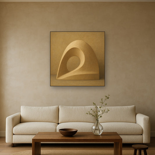 Soft Architectural Curve in Desert Bone No. 23 Oil Painting Staged Above Sectional Sofa in Living Room, Hand Painted Canvas Wall Art for Home Decor