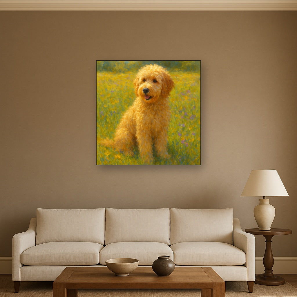 Fluffy Goldendoodle in Sun-Drenched Meadow No. 4 Fine Art Oil Painting - View 2