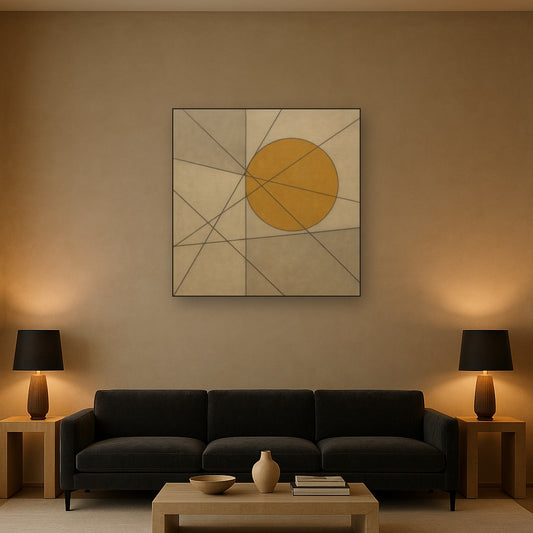 Abstract Tangent Lines & Earthy Ochre Disc No. 3 Oil Painting - View 2