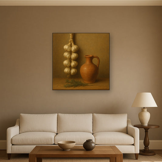 Tuscan Garlic Braid & Terracotta Cruet No. 6 Oil Painting Staged Above Sectional Sofa in Living Room, Hand Painted Canvas Wall Art for Home Decor