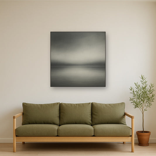 Monochrome Charcoal Drift & Soft Sfumato Horizon No. 21 Oil Painting Staged Above Sectional Sofa in Living Room, Hand Painted Canvas Wall Art for Home Decor