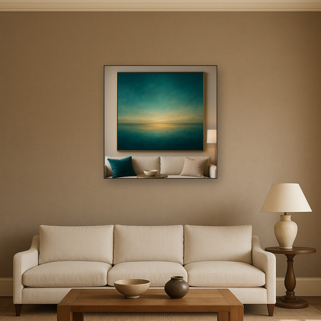 Peacock Teal & Champagne Gold Horizon No. 18 Oil Painting Staged Above Sectional Sofa in Living Room, Hand Painted Canvas Wall Art for Home Decor