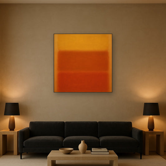 Luminous Ochre & Terracotta Horizon Color Field No. 16 Oil Painting Staged Above Sectional Sofa in Living Room, Hand Painted Canvas Wall Art for Home Decor