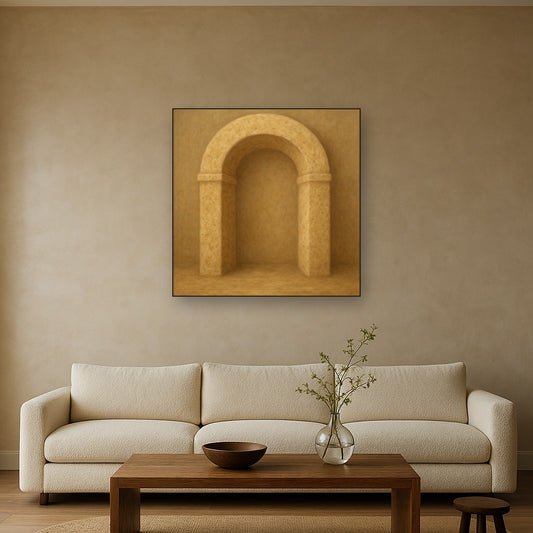 Travertine Stone Arch & Earth Tones No. 23 Oil Painting Staged Above Sectional Sofa in Living Room, Hand Painted Canvas Wall Art for Home Decor