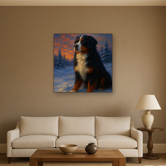 Bernese Mountain Dog in Winter Snowscape No. 13 Fine Art Oil Painting - View 2