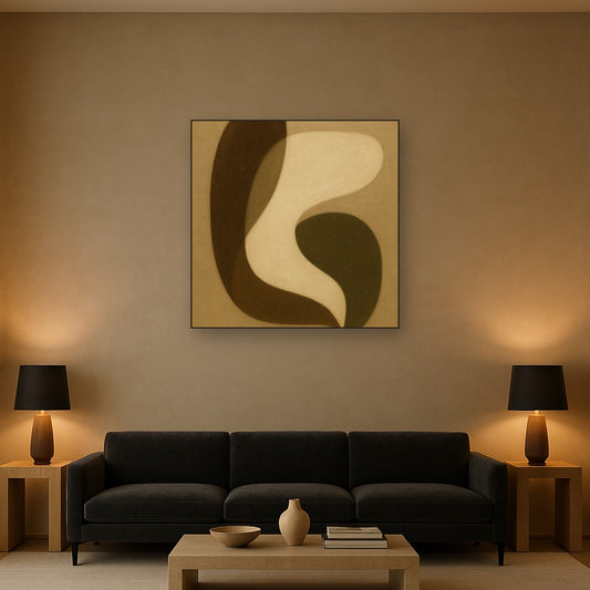 Minimalist Asymmetrical Balance in Raw Umber No. 21 Oil Painting Staged Above Sectional Sofa in Living Room, Hand Painted Canvas Wall Art for Home Decor