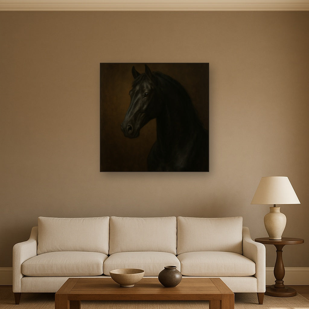 Dark Stallion Portrait in Classical Sfumato No. 12 Oil Painting - View 2