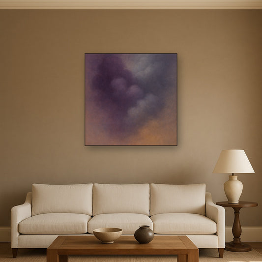 Gilded Plum & Soft Smoke Cloud Harmony No. 19 Oil Painting Staged Above Sectional Sofa in Living Room, Hand Painted Canvas Wall Art for Home Decor