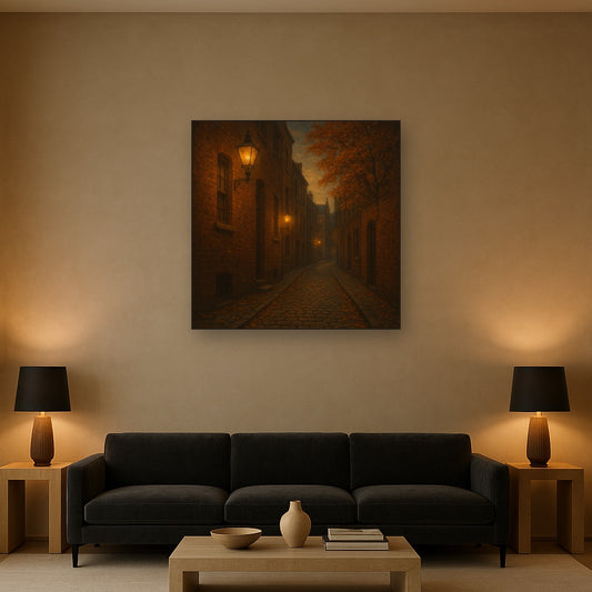 London Gaslamp Alley in Autumn Dusk No. 19 Oil Painting Staged Above Sectional Sofa in Living Room, Hand Painted Canvas Wall Art for Home Decor