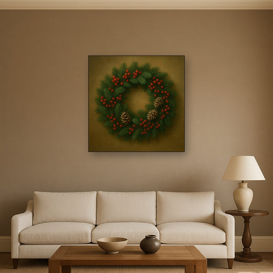 Vintage Holiday Botanical Wreath & Berries No. 9 Oil Painting Staged Above Sectional Sofa in Living Room, Hand Painted Canvas Wall Art for Home Decor