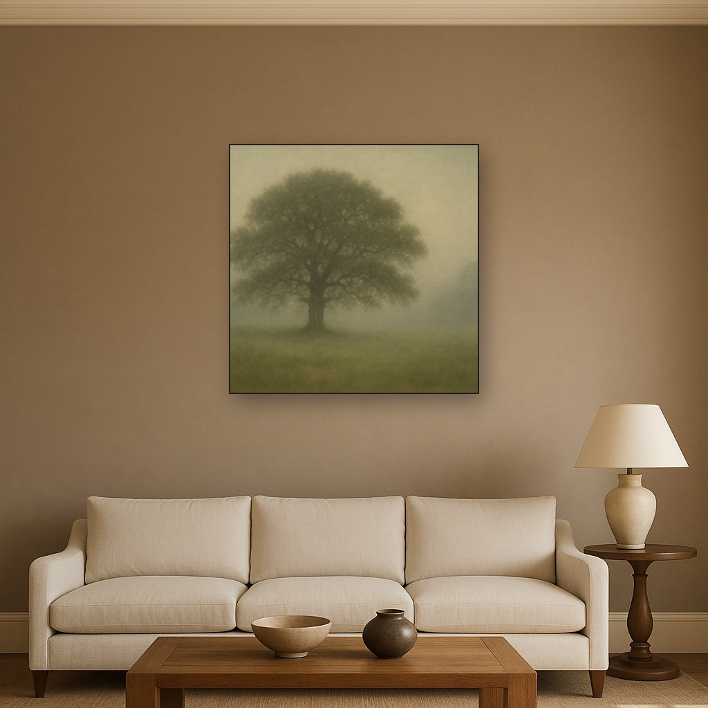 Ancient Solitary Oak in Morning Fog No. 5 Oil Painting - View 2