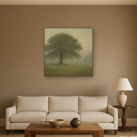 Ancient Solitary Oak in Morning Fog No. 5 Oil Painting Staged Above Sectional Sofa in Living Room, Hand Painted Canvas Wall Art for Home Decor