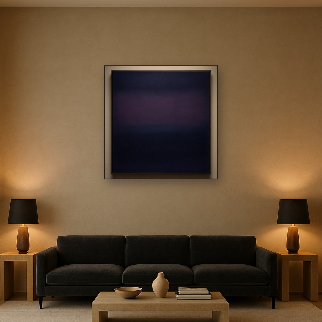 Deep Indigo & Midnight Plum Ambient Field No. 16 Oil Painting Staged Above Sectional Sofa in Living Room, Hand Painted Canvas Wall Art for Home Decor