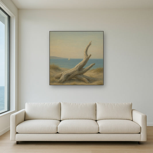 Sun-Bleached Driftwood & Distant Sailboat No. 4 Oil Painting Staged Above Sectional Sofa in Living Room, Hand Painted Canvas Wall Art for Home Decor