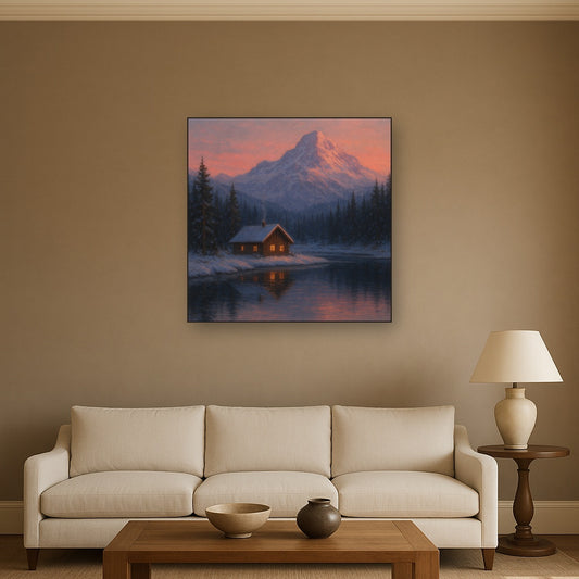 Winter Solstice Mountain Cabin Reflection No. 6 Oil Painting - View 2