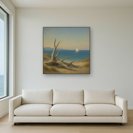 Sun-Bleached Driftwood & Distant Sailboat Oil Painting Staged Above Sectional Sofa in Living Room, Hand Painted Canvas Wall Art for Home Decor
