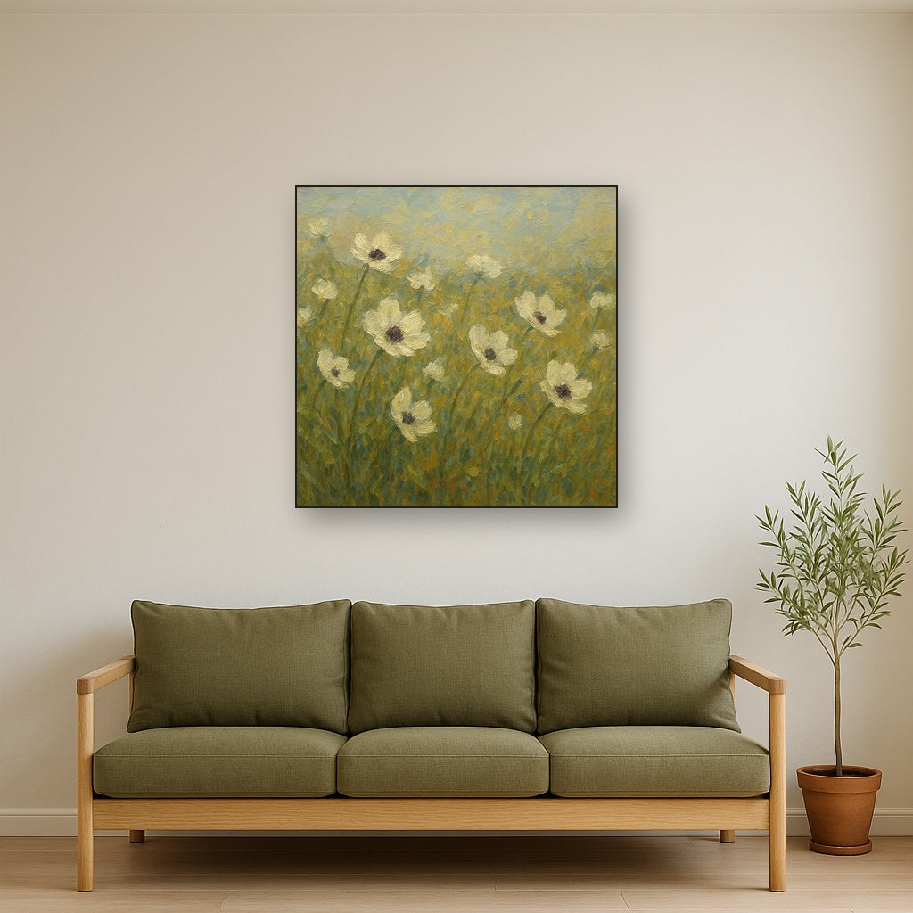 Wild Anemone Meadow Botanical Oil Painting - Styled in Modern Living Room