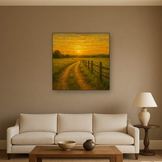 Golden Hour Country Lane & Fence No. 5 Oil Painting - Styled in Modern Living Room