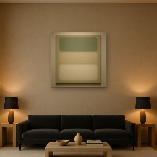 Sage Olive & Pale Sandstone Minimalist Harmony No. 7 Oil Painting Staged Above Sectional Sofa in Living Room, Hand Painted Canvas Wall Art for Home Decor
