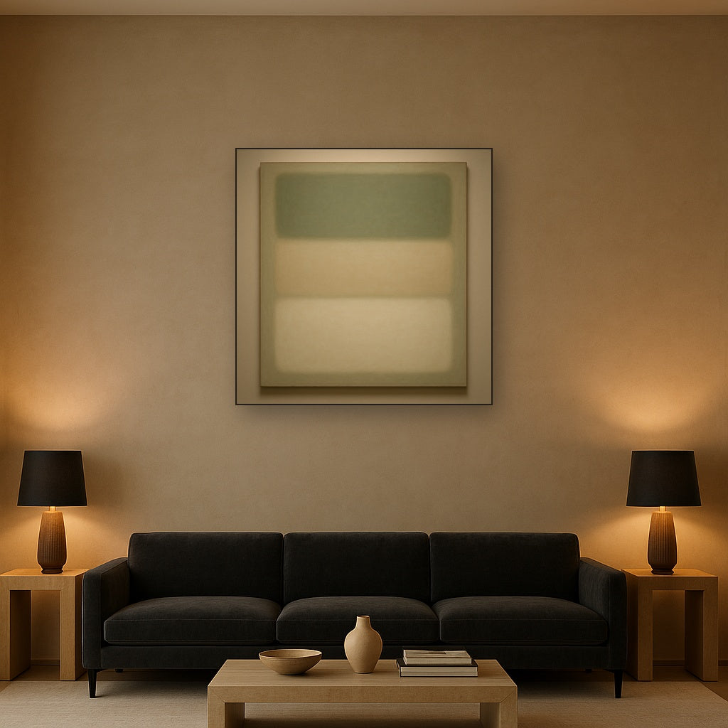 Sage Olive & Pale Sandstone Minimalist Harmony No. 7 Oil Painting Staged Above Sectional Sofa in Living Room, Hand Painted Canvas Wall Art for Home Decor