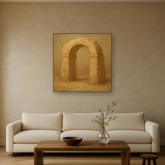 Travertine Stone Arch & Earth Tones Oil Painting Staged Above Sectional Sofa in Living Room, Hand Painted Canvas Wall Art for Home Decor