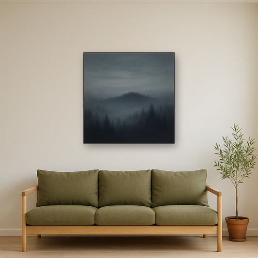Dusk over Silent Pine Ridgeline in Charcoal Fog No. 14 Oil Painting Staged Above Sectional Sofa in Living Room, Hand Painted Canvas Wall Art for Home Decor