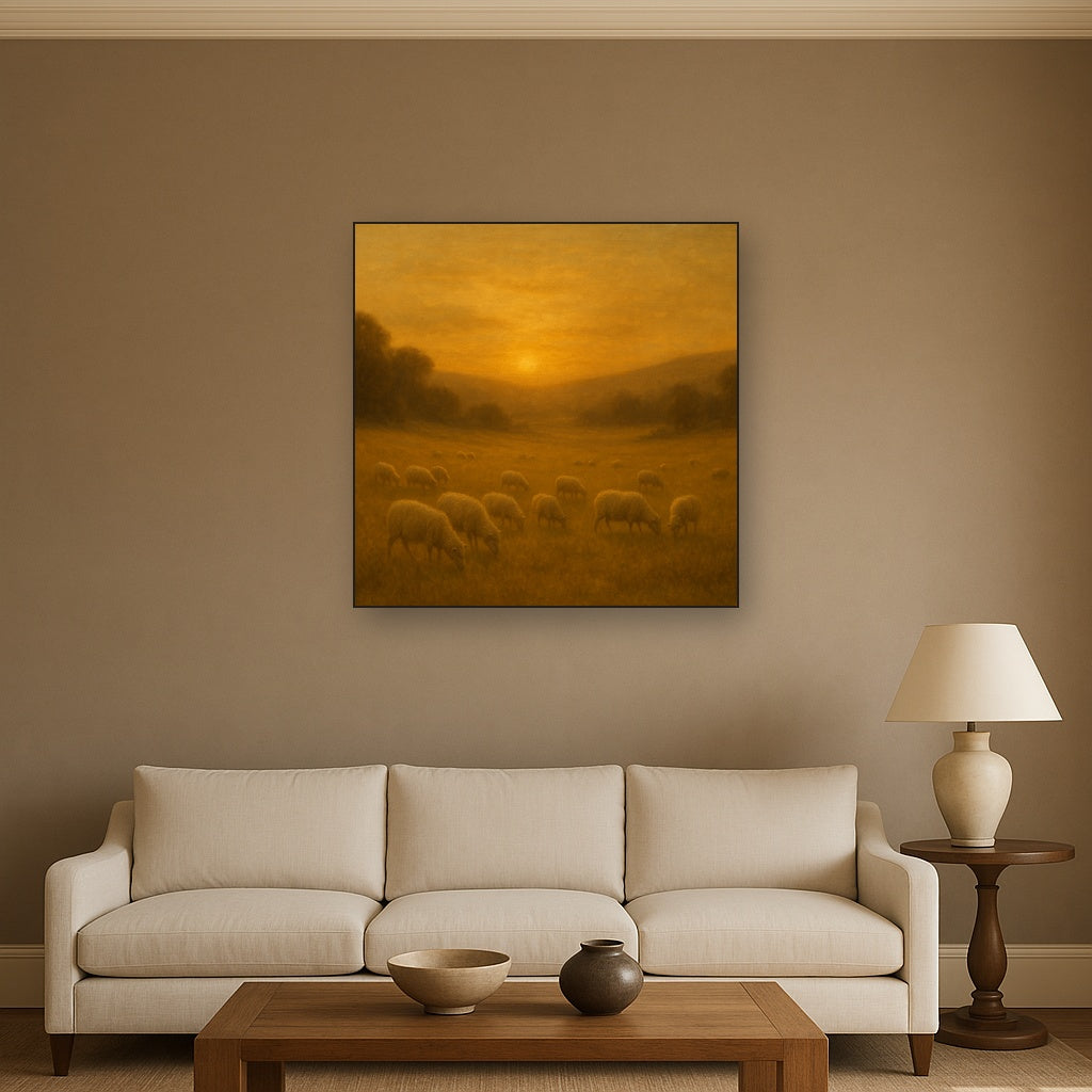 Sunset Grazing Flock in Golden Valley No. 8 Oil Painting Staged Above Sectional Sofa in Living Room, Hand Painted Canvas Wall Art for Home Decor