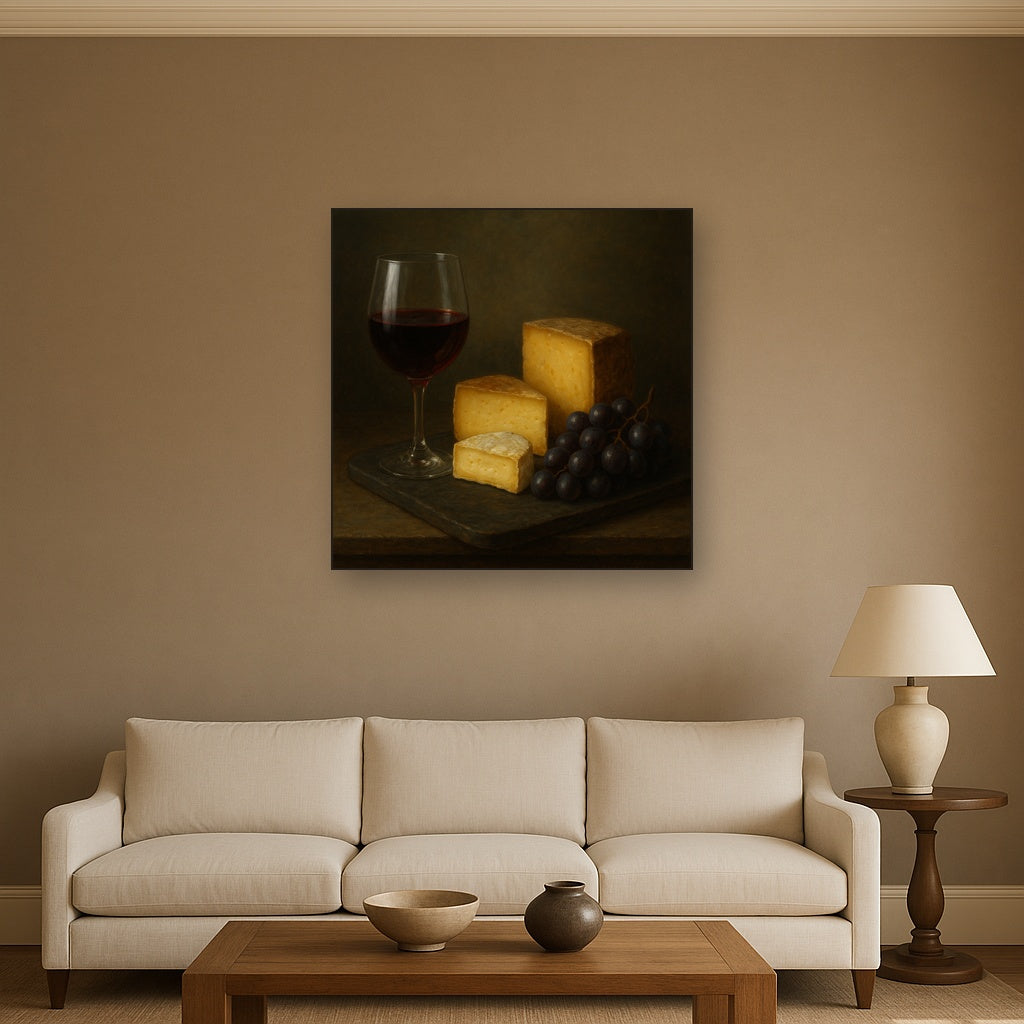 Burgundy Wine Glass & Aged Cheese Board No. 7 Oil Painting Staged Above Sectional Sofa in Living Room, Hand Painted Canvas Wall Art for Home Decor