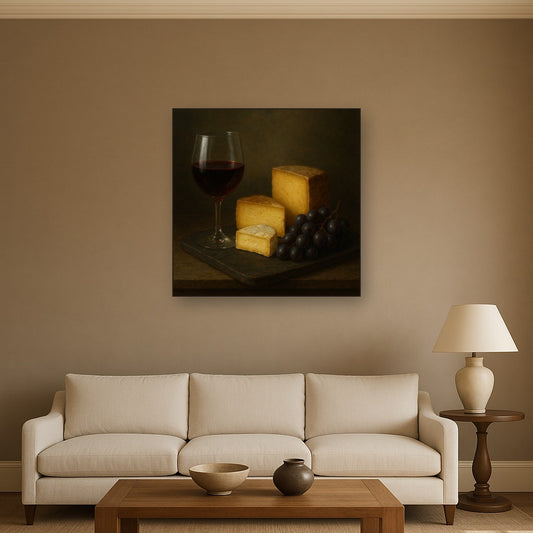 Burgundy Wine Glass & Aged Cheese Board No. 7 Oil Painting Staged Above Sectional Sofa in Living Room, Hand Painted Canvas Wall Art for Home Decor