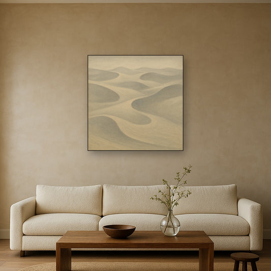 Monochrome Sand Dune Contours & Pale Slate No. 25 Oil Painting Staged Above Sectional Sofa in Living Room, Hand Painted Canvas Wall Art for Home Decor