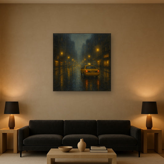 Rain-Drenched Manhattan Avenue Lights No. 22 Oil Painting Staged Above Sectional Sofa in Living Room, Hand Painted Canvas Wall Art for Home Decor