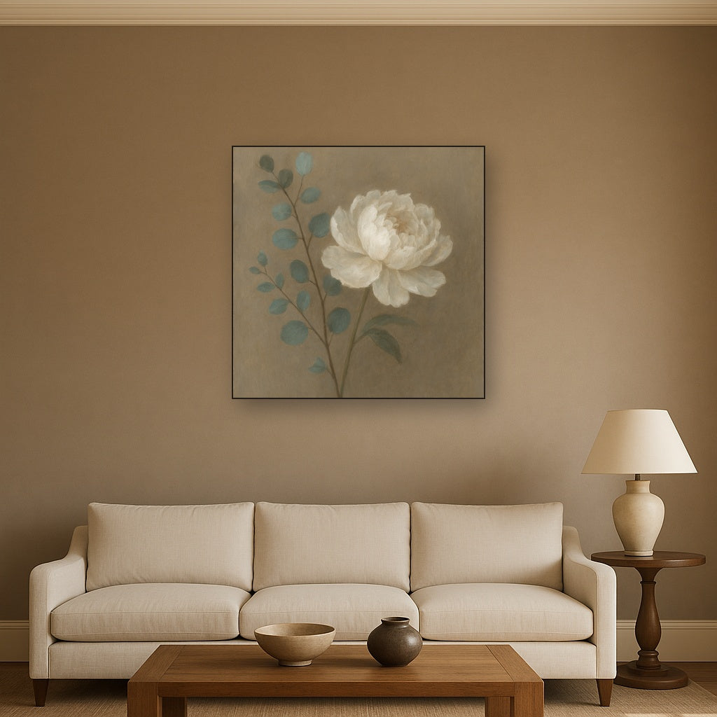 Eucalyptus & White Peony Minimalist Flora No. 13 Fine Art Oil Painting - View 2