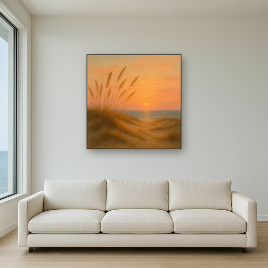 Sea Oats on Rolling Coastal Dunes at Sunset No. 15 Oil Painting Staged Above Sectional Sofa in Living Room, Hand Painted Canvas Wall Art for Home Decor