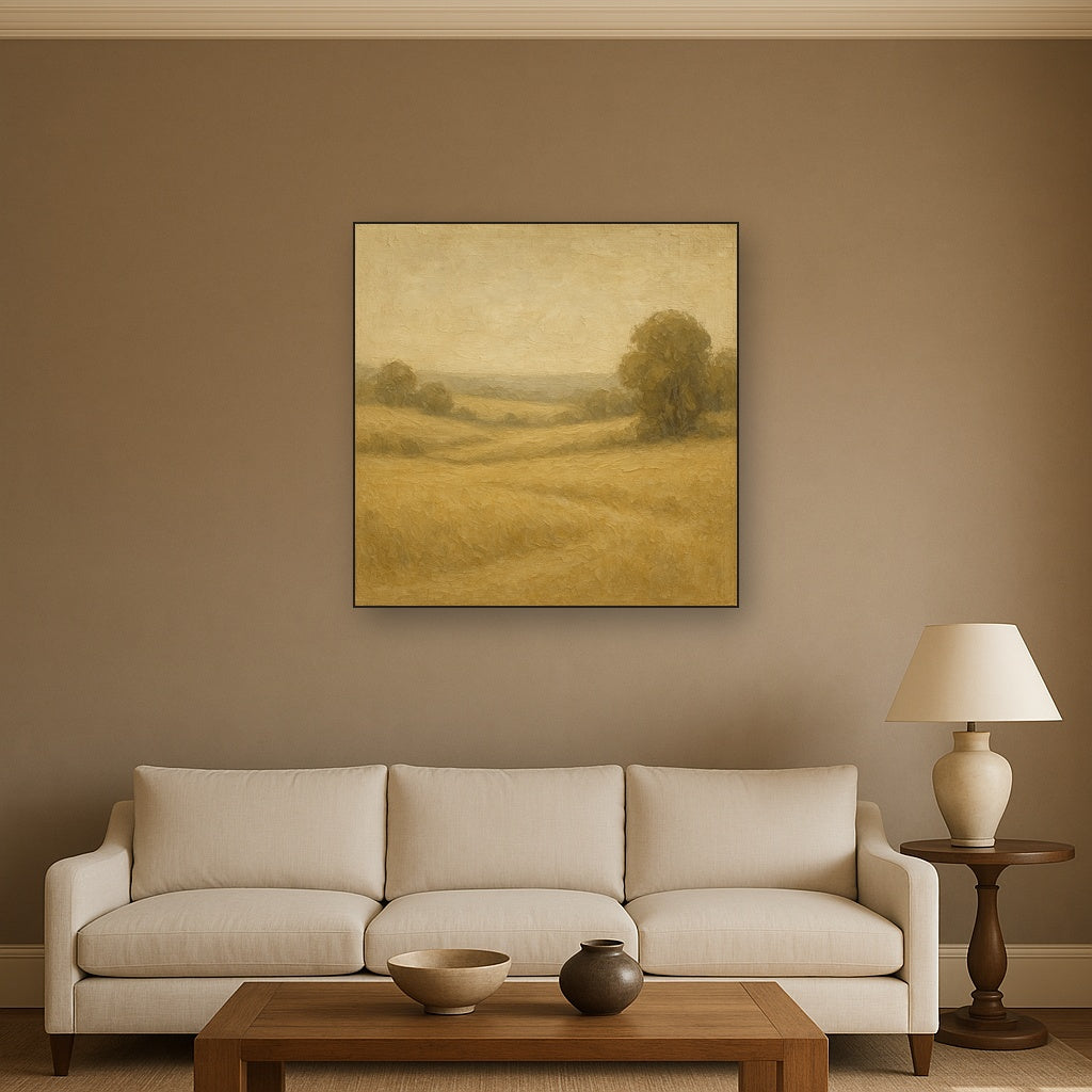 Earthy Linen Plaster Countryside Calm No. 4 Oil Painting - Styled in Modern Living Room