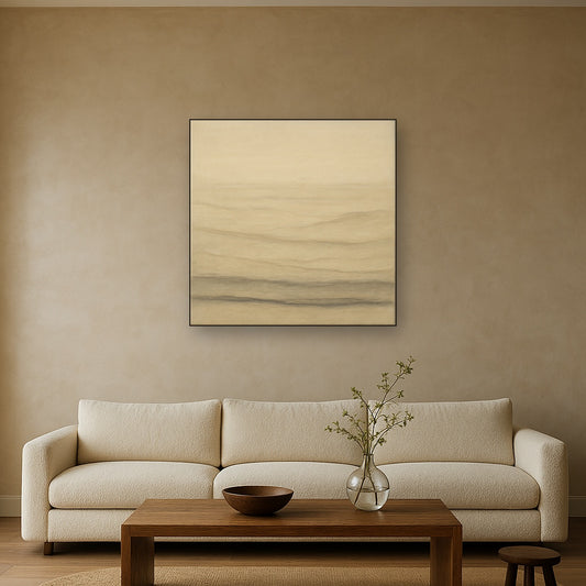 Raw Limestone Horizon & Washed Linen No. 24 Oil Painting Staged Above Sectional Sofa in Living Room, Hand Painted Canvas Wall Art for Home Decor