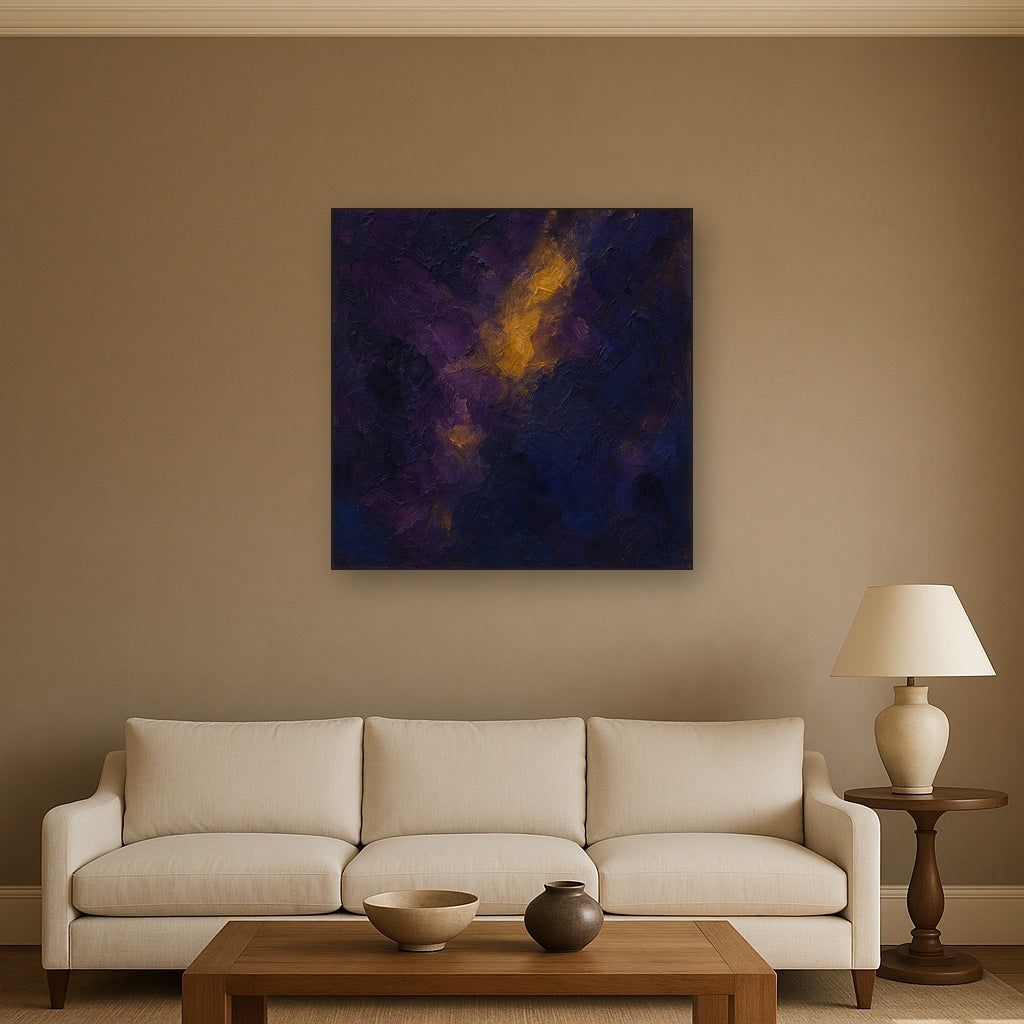 Amethyst Shadow & Celestial Gold No. 3 Oil Painting - Styled in Modern Living Room