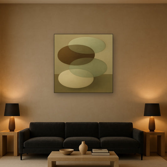 Floating Ellipse Harmony in Walnut & Pale Sage No. 16 Oil Painting Staged Above Sectional Sofa in Living Room, Hand Painted Canvas Wall Art for Home Decor