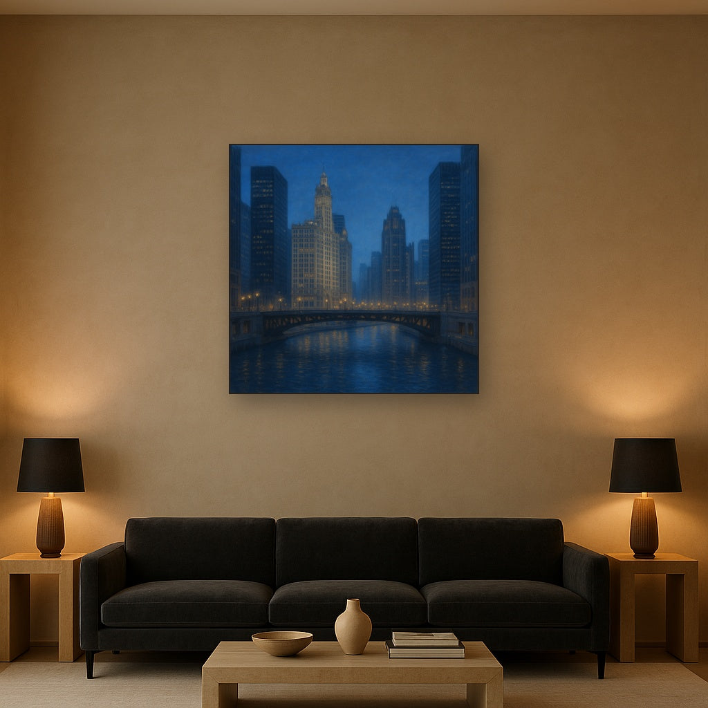 Chicago Riverfront Architecture at Blue Hour No. 11 Oil Painting - View 2