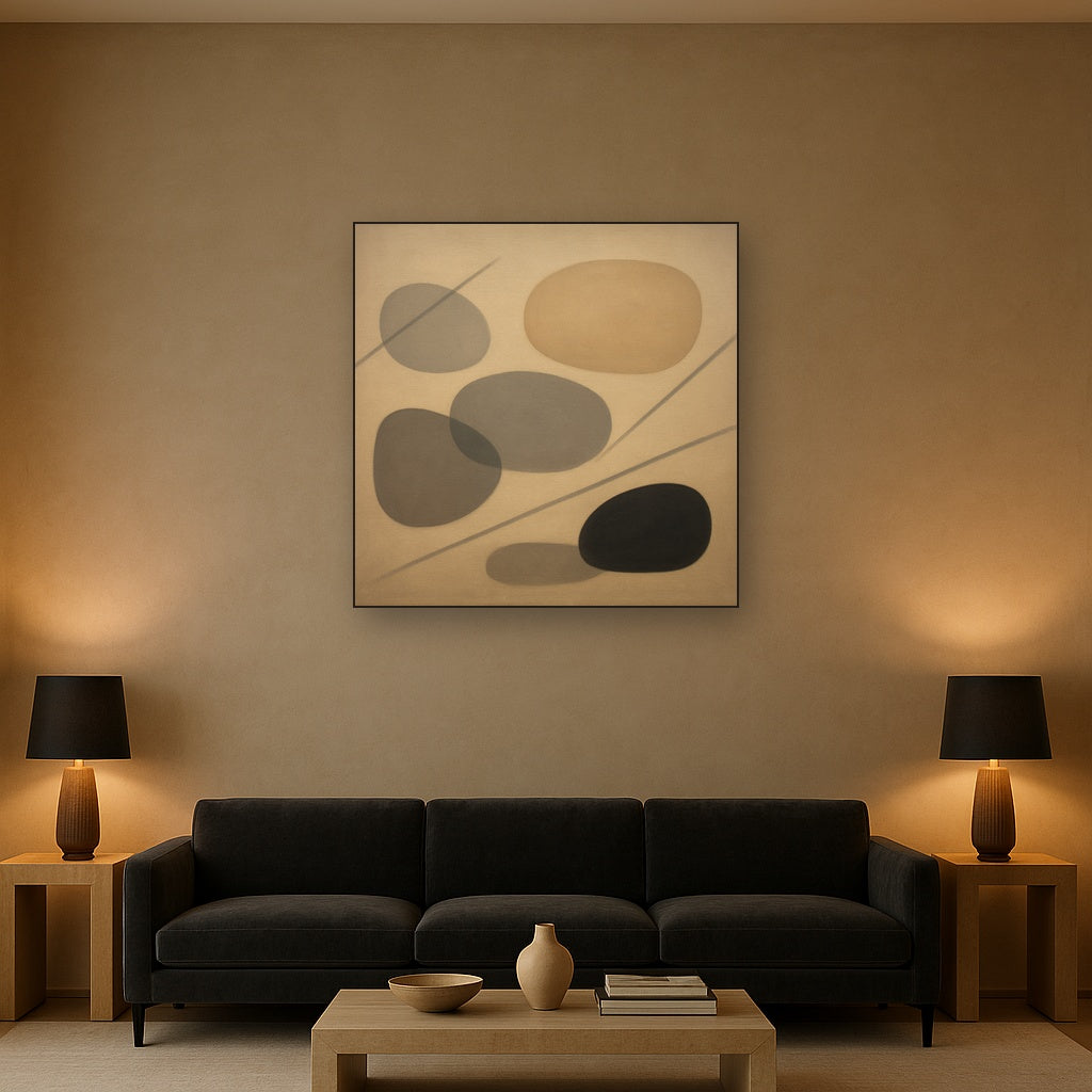 Organic Pebble Contours & Slanted Lines No. 21 Oil Painting Staged Above Sectional Sofa in Living Room, Hand Painted Canvas Wall Art for Home Decor