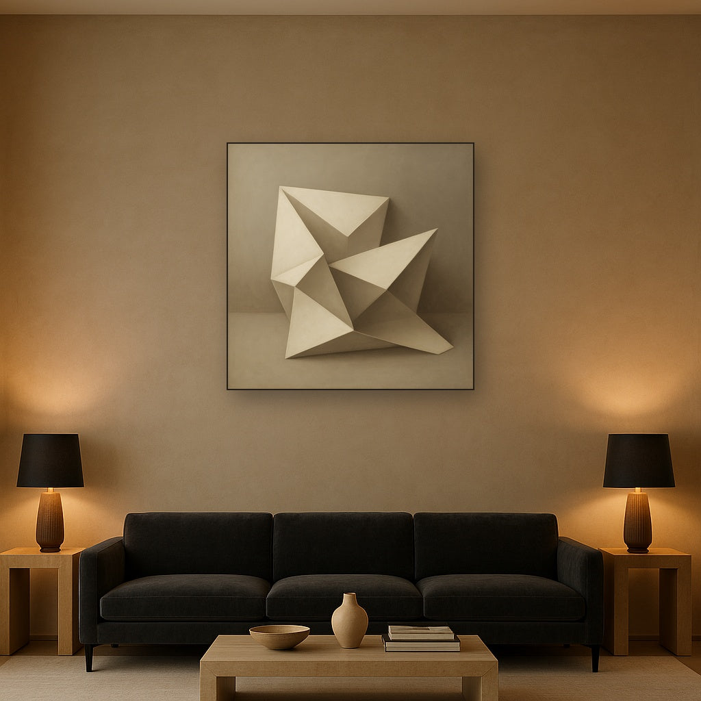 Folded Paper Geometry in Neutral Gradient Shadows No. 23 Oil Painting Staged Above Sectional Sofa in Living Room, Hand Painted Canvas Wall Art for Home Decor