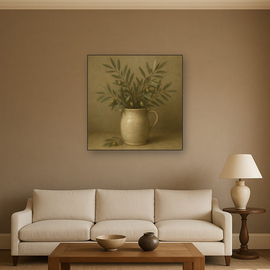 Wild Olive Sprigs in Stoneware Pitcher No. 2 Oil Painting Staged Above Sectional Sofa in Living Room, Hand Painted Canvas Wall Art for Home Decor